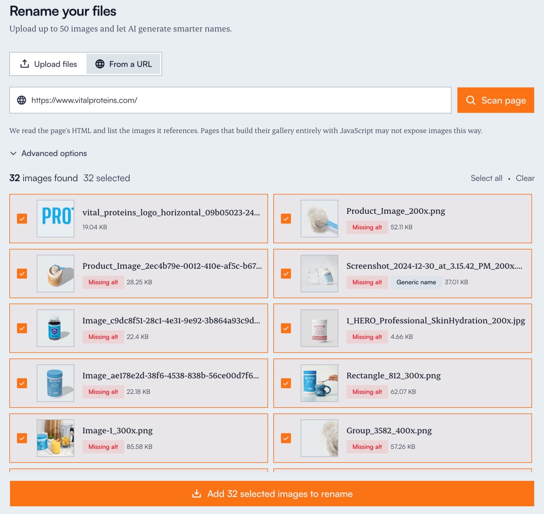 Renameit URL import panel pulling images from a live page with SEO audit results