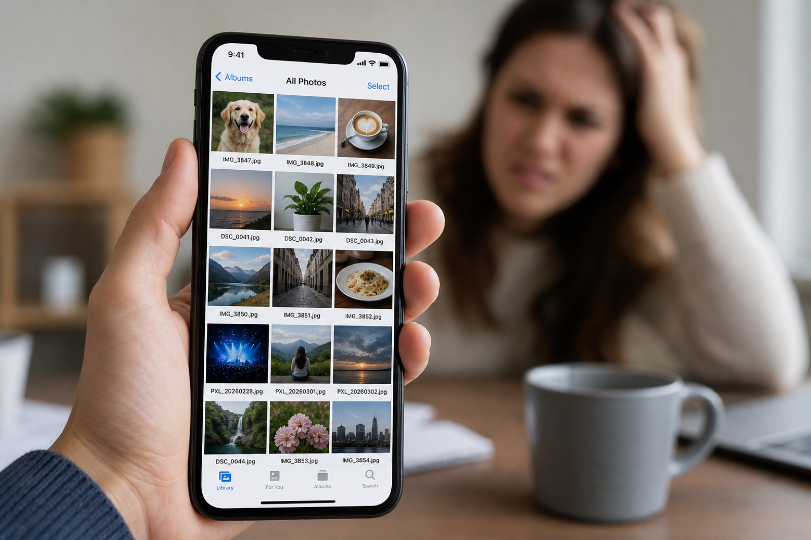 Phone photo gallery full of generic camera filenames like IMG_3847.jpg and DSC_0042.jpg