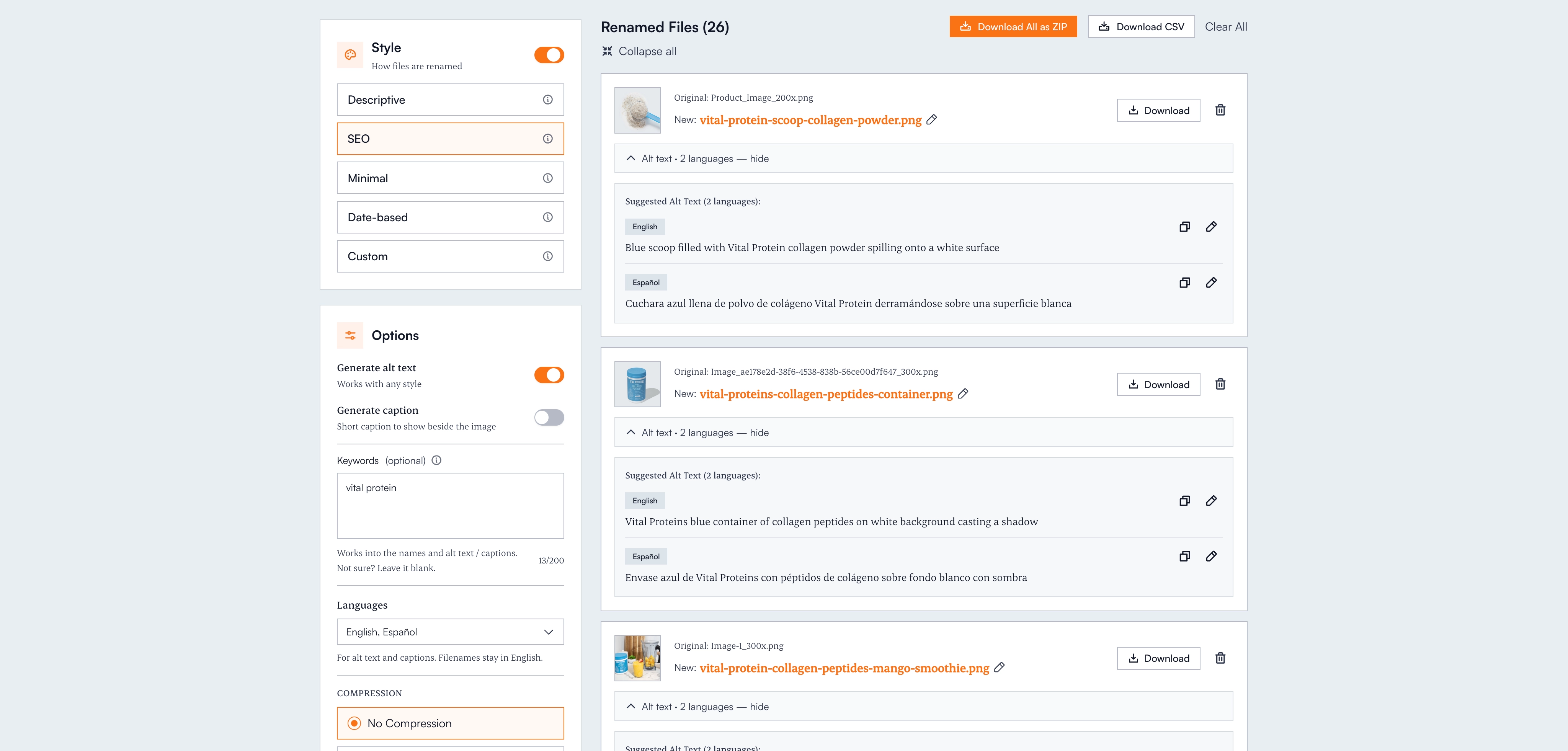 Renameit workspace generating alt text and SEO filenames for a batch of uploaded photos